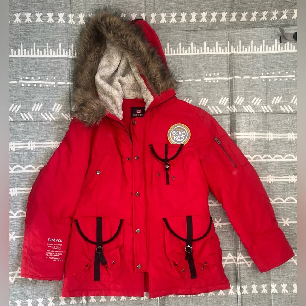 Ecko Unlimited Women’s Red Puffer Jacket with Faux Fur Hood - Picture 2 of 10